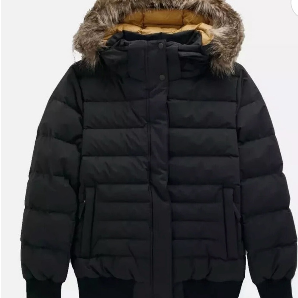 Prana Black Bomber Jacket with Faux Fur Hood